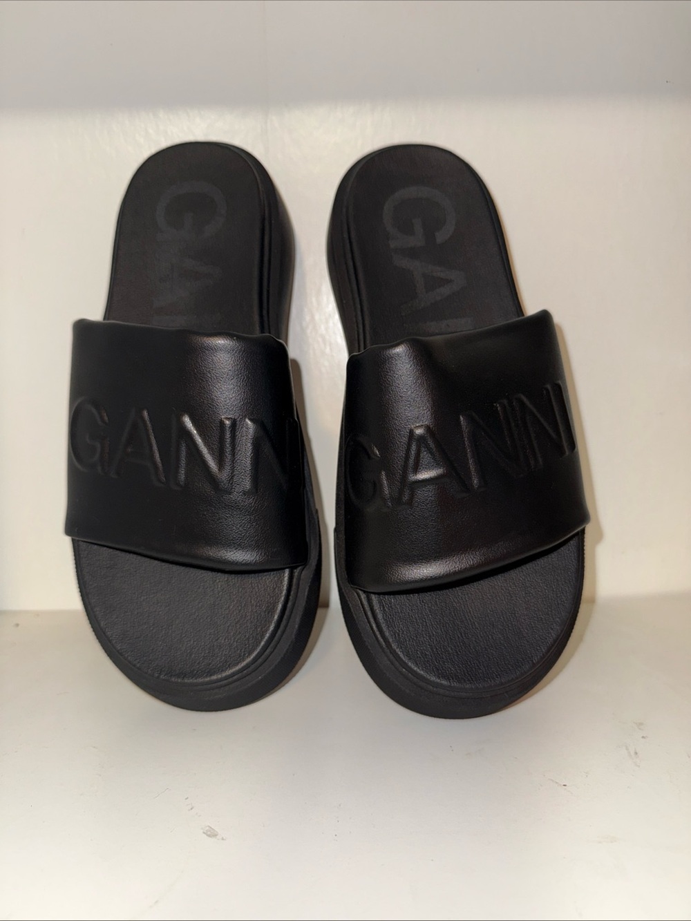 Women’s Ganni Black Embossed Platform Logo Slide Sandals US 7/EU 37